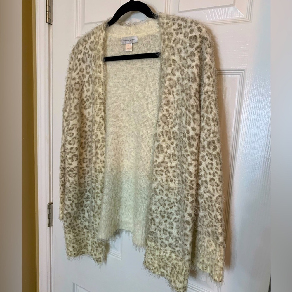Christopher & Banks Fuzzy Tan Leopard Print Cardigan, Size S - Picture 2 of 7